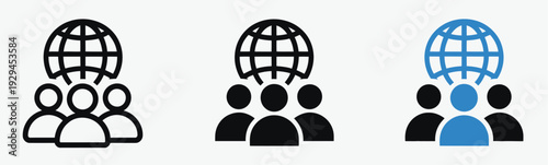 Global network icon pack, vector illustrations of people and globe symbols, representing worldwide connection, community diversity, unity, and collaboration for creative and professional projects.