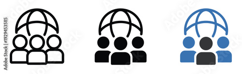 Global community vector collection, icons of people groups and globe symbols, illustrating worldwide network, diversity, unity, and connection for social, business, and educational design projects.