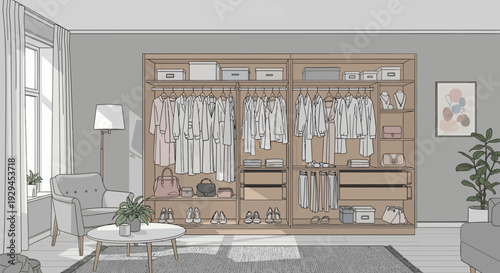 Modern minimalist walk-in closet with organized storage and comfortable seating area.