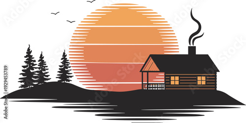 Cozy cabin silhouette at sunset, lakeside forest landscape with pine trees, birds and warm glowing windows reflection illustration