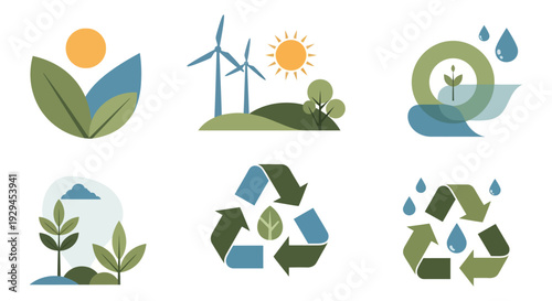 Eco-Friendly & Sustainability Icons: Renewable Energy, Recycling, Nature Conservation, Green Environment & Water Preservation Symbols