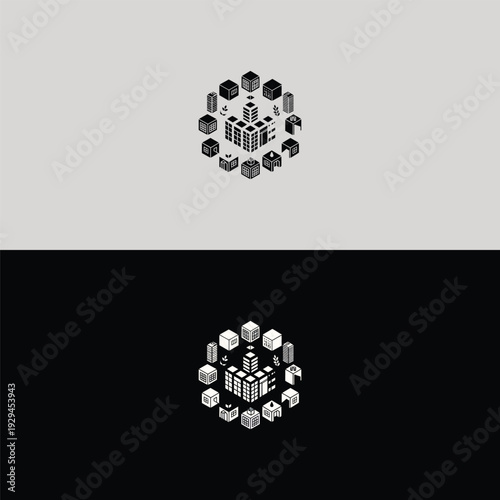 A central abstract building surrounded by numerous smaller block-like structures, forming a circular urban network on a dual-tone background.