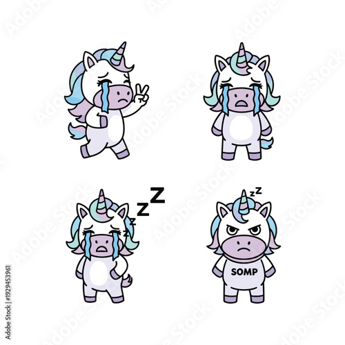 Cartoon unicorn expressing different emotions with funny poses and facial expressions