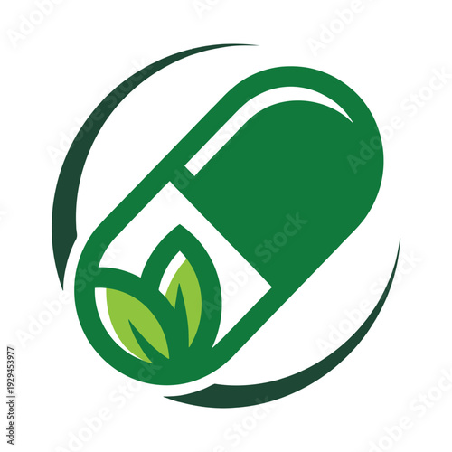 Eco-friendly green pill capsule with leaf symbol - minimalist health and wellness vector