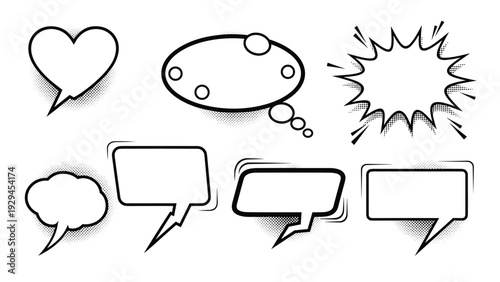 Seven different comic book style speech and thought bubbles with halftone shadows on a clean white background for creative design.
