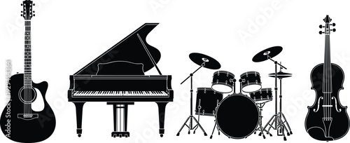 Musical instrument silhouettes set with acoustic guitar grand piano drum kit and violin in cad drawing flat vector illustration for design