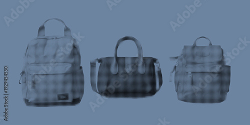 Collection of travel backpacks in halftone style. Vector illustration.