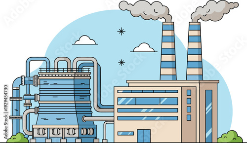 Industrial factory building with smoking chimneys and cooling towers in flat line art vector illustration for manufacturing concept