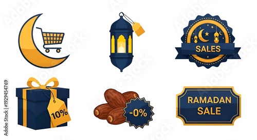 Ramadan sale icons collection with shopping cart, lantern, gift box, dates, and discount badges on white background