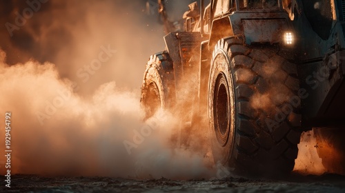 Massive industrial truck tires churn golden dust at sunset. Illustrates power, construction, and tough work environments.