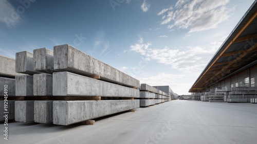 Piles of large gray concrete beams at an outdoor industrial storage yard. Highlights building materials, construction industry, infrastructure, and development.