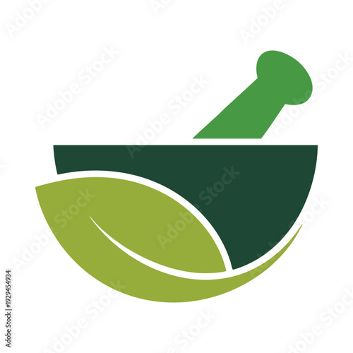 Minimalist green mortar and pestle with leaf illustration