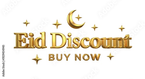 Elegant Eid Discount banner with golden 3D text, crescent moon, stars, and 'Buy Now' call to action on white background