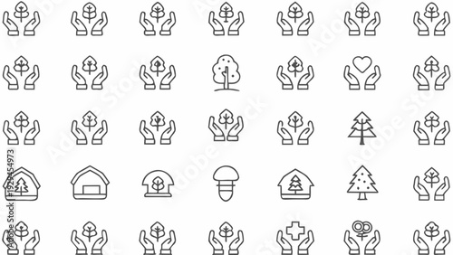 Environmental icons of hands holding plants and trees