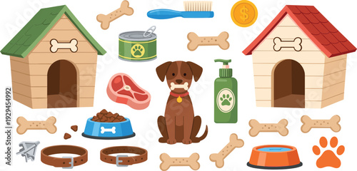 Cute Dog Care Accessories Set with Kennel Food Bowl Bones Collar and Grooming Items Flat Vector Illustration