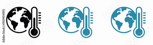 Global temperature thermometer icon set, vector illustrations of thermometers showing temperature changes, climate measurement, weather tracking, and environmental monitoring for science, education,