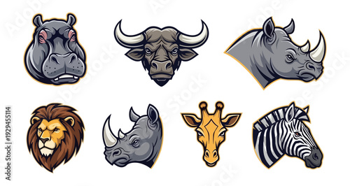 Wildlife animal head portraits collection hippo buffalo rhino lion zebra giraffe