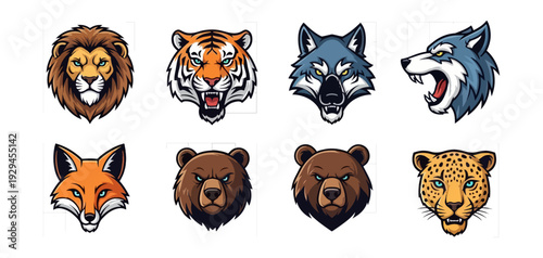 Wildlife animal head portraits collection on black background