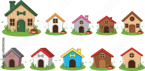 Cute Dog House Collection with Colorful Kennels Pet Homes and Garden Elements Flat Vector Illustration Set