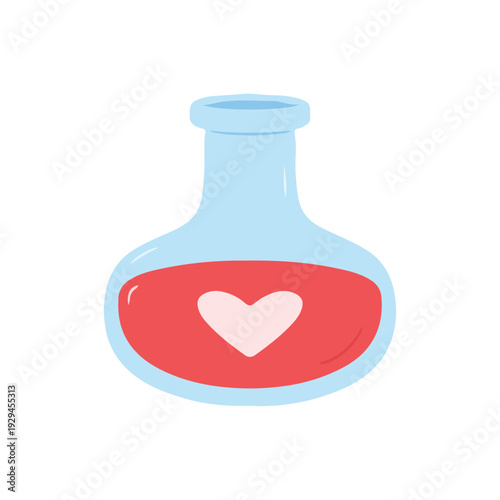 Glass bottle flask with red love potion and heart symbol