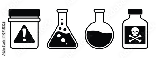 Chemical Container Icon silhouettes of flasks, bottles, and hazard symbols, representing laboratory safety, toxic substances, scientific experiments, and chemistry concept illustration.