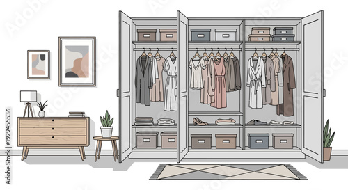 Modern walk-in closet interior with organized clothes and accessories.