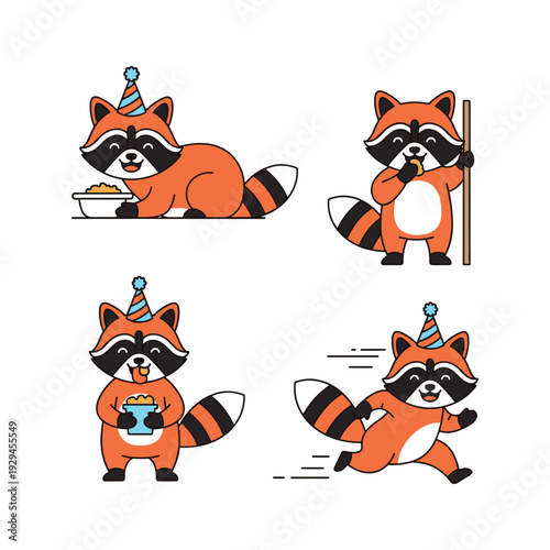 Cartoon raccoons celebrating birthday with party hats and props in various poses