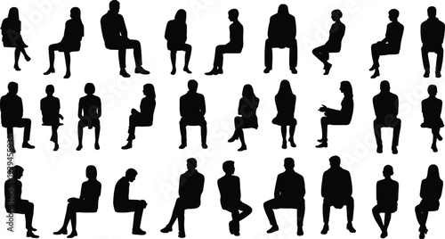 Collection of diverse seated human silhouettes in various poses, minimalist black figures ideal for design, ergonomic studies, animation, and creative illustration projects