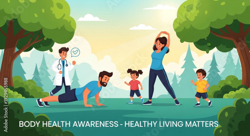 Family engaging in outdoor exercise and health awareness with doctor in a park