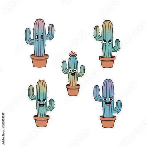 Cute cartoon cacti set with different facial expressions in pots on white background