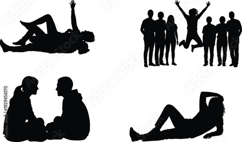 People silhouette collection showing sitting talking jumping and lying poses, diverse human figures isolated on white background vector illustration