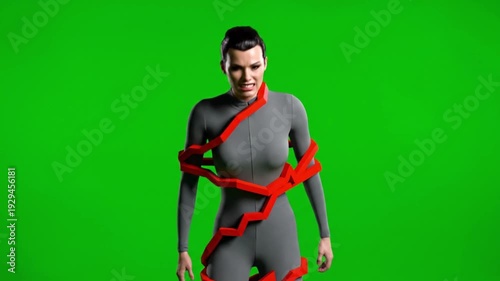 Dynamic Performer in Advanced Motion Capture Suit with Abstract Red Digital Lines on Green Screen for VFX and Animation Production