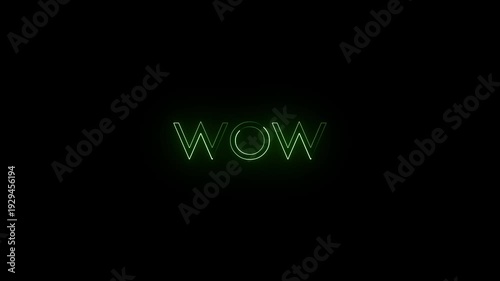 Glowing neon Wow sign text animation. Wow neon sign and neon lines wow text on black background.
