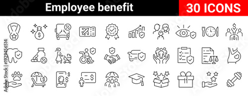 Employee benefit web line icons. Included icons as teamwork, insurance, paid Vacation, pension, social Security. Vector illustration. editable stroke