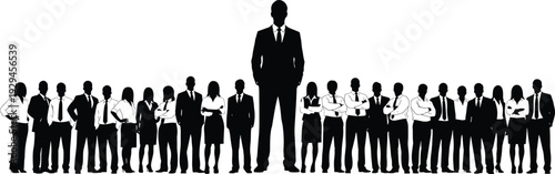 Business team silhouette with leader standing in front of corporate group isolated on white background, teamwork and leadership concept illustration