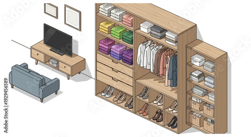 Organized closet with clothes and shoes, modern living room with television and furniture.
