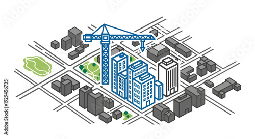 Isometric Construction Site with Crane and Buildings.