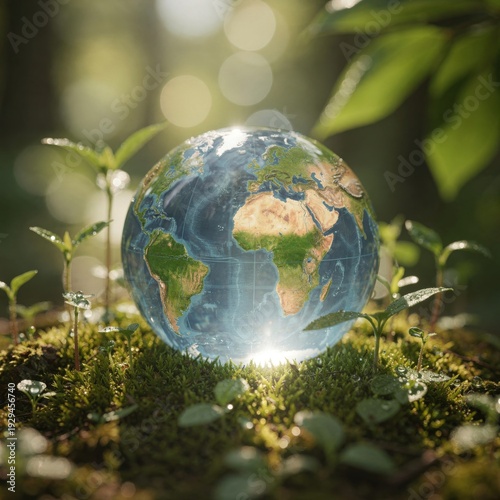 Globe on moss with green plants, symbolizing nature and earth