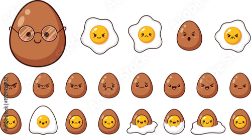 Cute Egg Characters Collection with Funny Emotions and Fried Egg Faces Cartoon Flat Vector Illustration Set