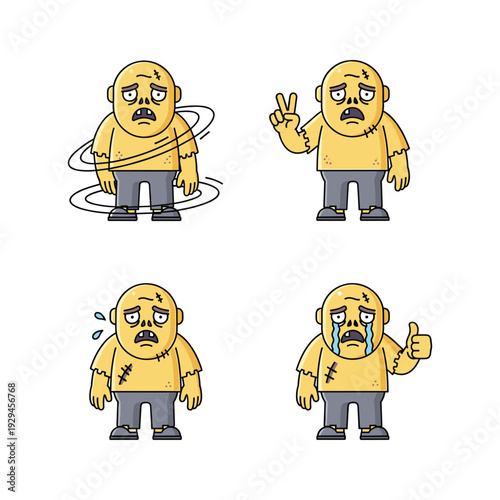 Cartoon man showing different emotions and gestures with injuries and bruises