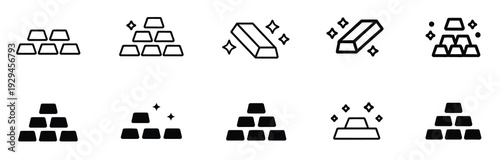 Gold bars icon collection, filled and outline style vector icons of bullion stacks, symbolizing finance, investment, wealth, banking, and economic design projects.