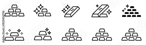 Gold stack vector set, filled and outline illustrations of gold bars, representing investment, finance, wealth, trading, and economic icons for digital and creative projects.