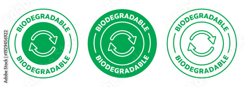 Biodegradable icon, 100 percent Biodegradable product vector sign badge in green and white color. eco-friendly recycle logotype.