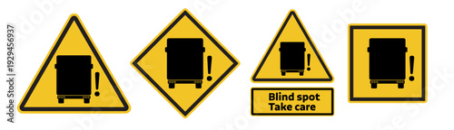 Blind spot warning sign set. Truck lorry blind spot road sign with take care text in yellow color. vector icon collection.