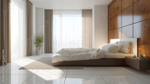 A modern bedroom with a large bed and a plant in a bright and airy space
