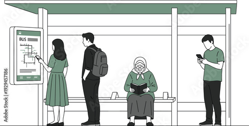 People waiting at modern bus stop station checking digital schedule map and using smartphones urban city flat vector illustration