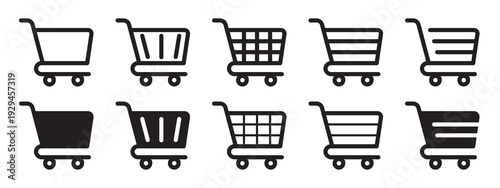 Shopping cart icon vector set. Retail supermarket trolley symbol. Simple grocery basket line icon set. Online purchase or buy cart sign. Add to cart symbol.