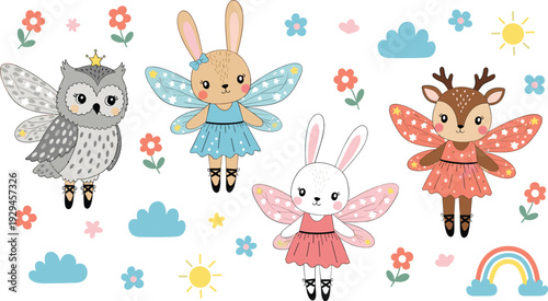 Cute Forest Fairy Animals Collection with Owl Bunny Deer and Floral Elements Flat Vector Illustration Set