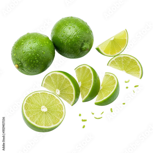 Fresh limes with water drops isolated on white