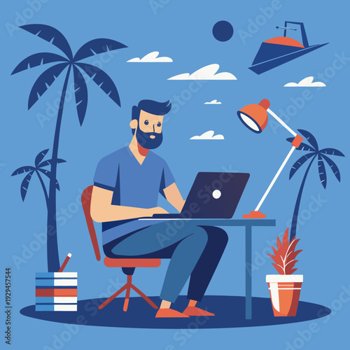 Remote worker on tropical island with laptop and palm trees, enjoying sunny weather and beachy vibes while being productive and relaxed in a serene outdoor setting.